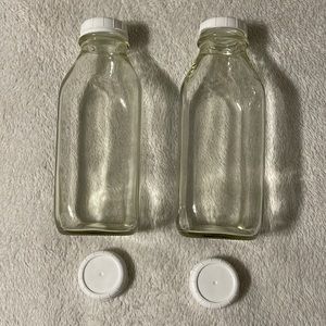 (2)The Dairy Shoppe Heavy Milk Glass bottles with 4 plastic caps